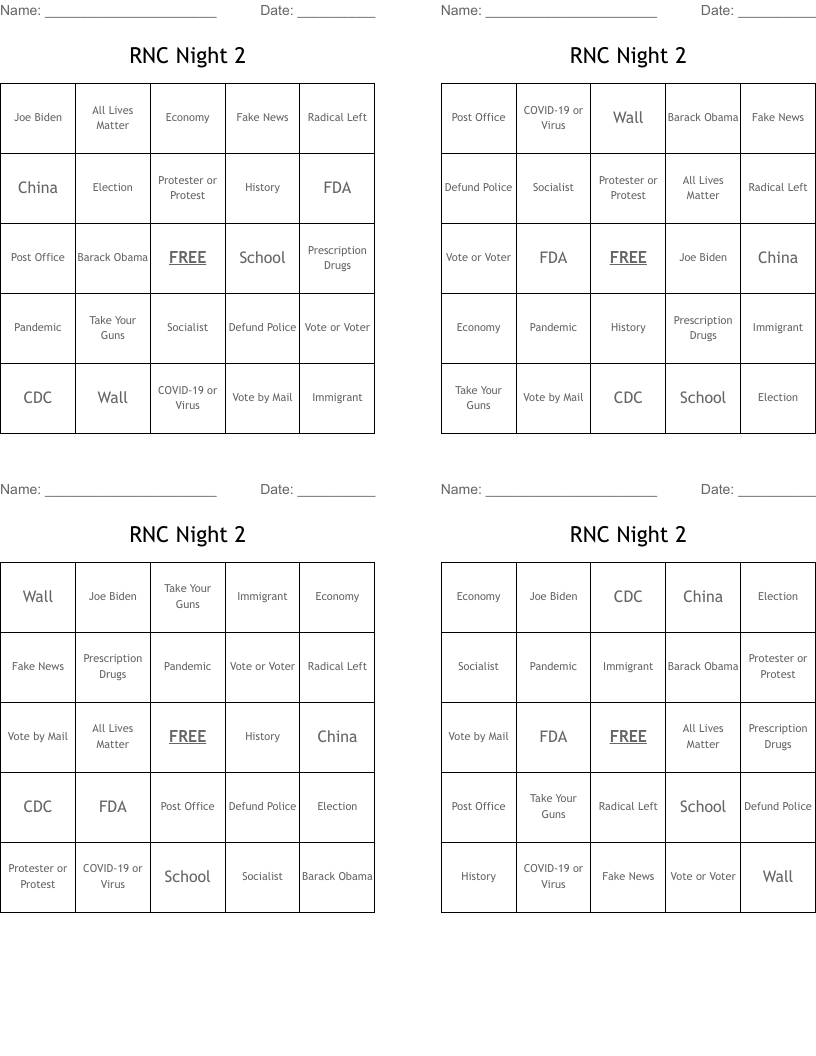 RNC Night 2 Bingo Cards