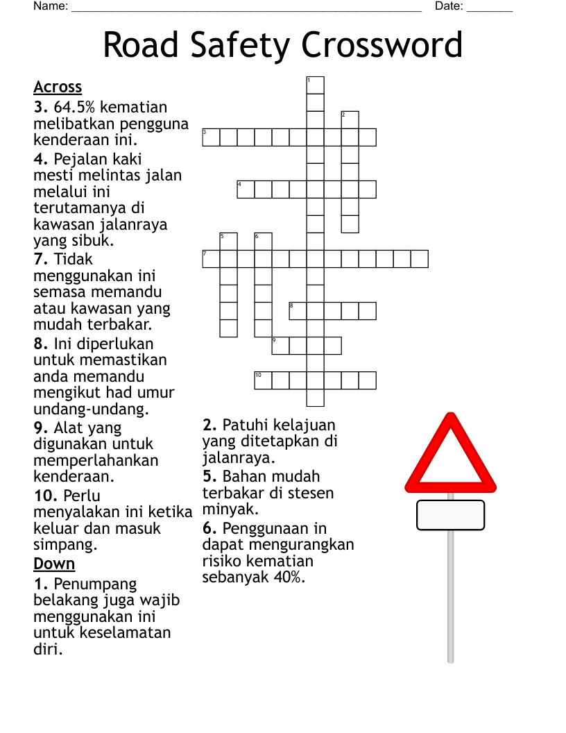 Road Safety Crossword