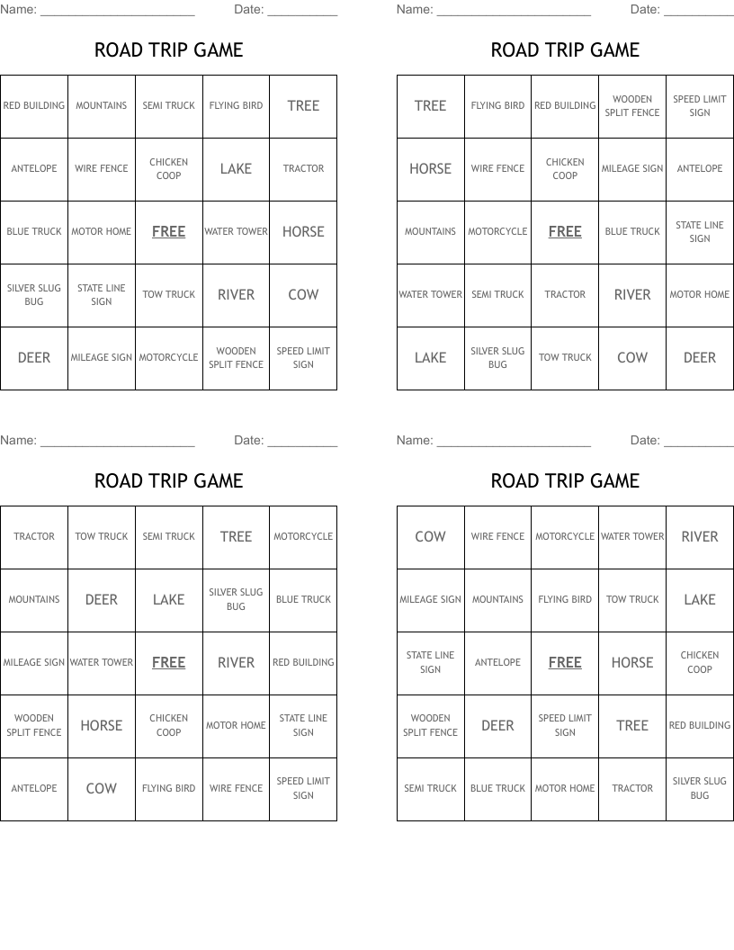 ROAD TRIP GAME Bingo Cards