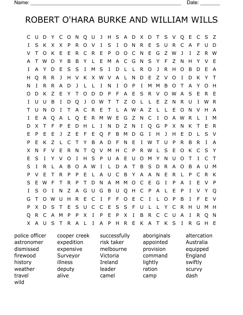 ROBERT O'HARA BURKE AND WILLIAM WILLS Word Search