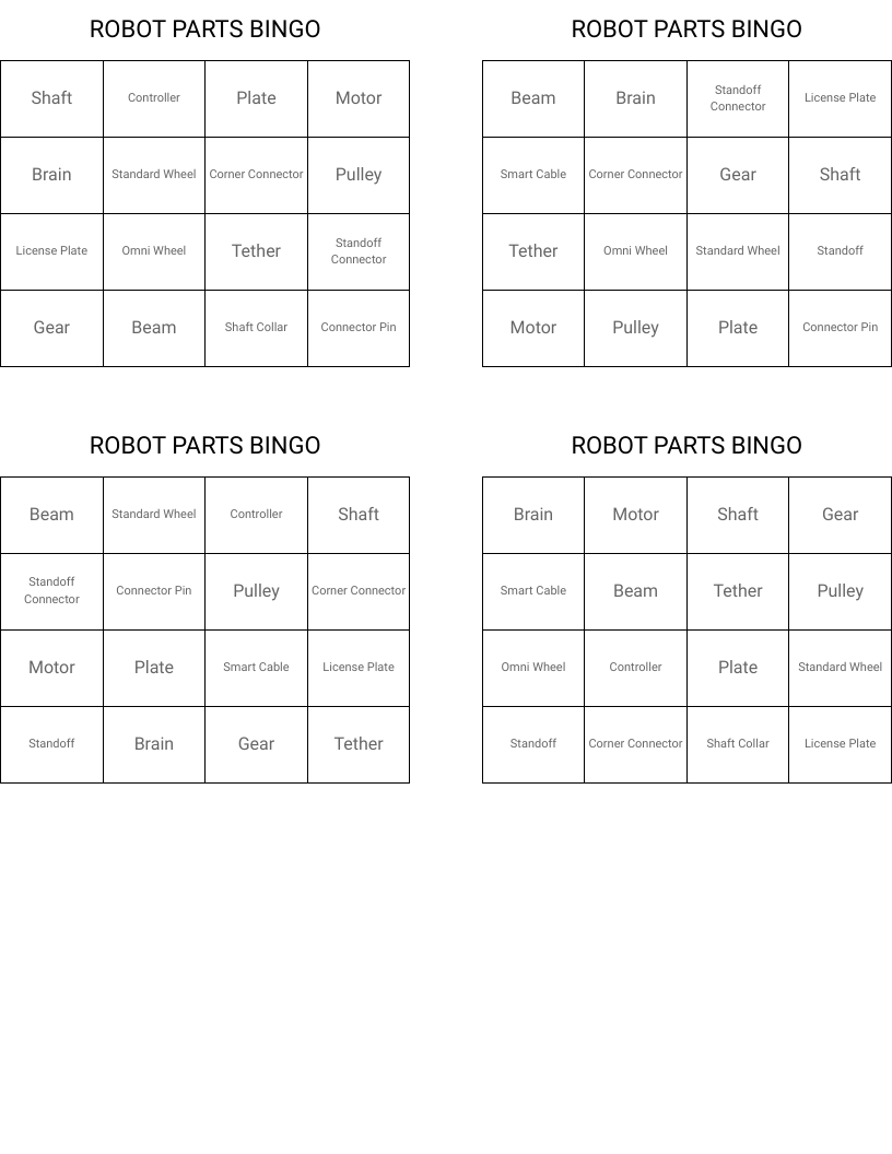 ROBOT PARTS BINGO