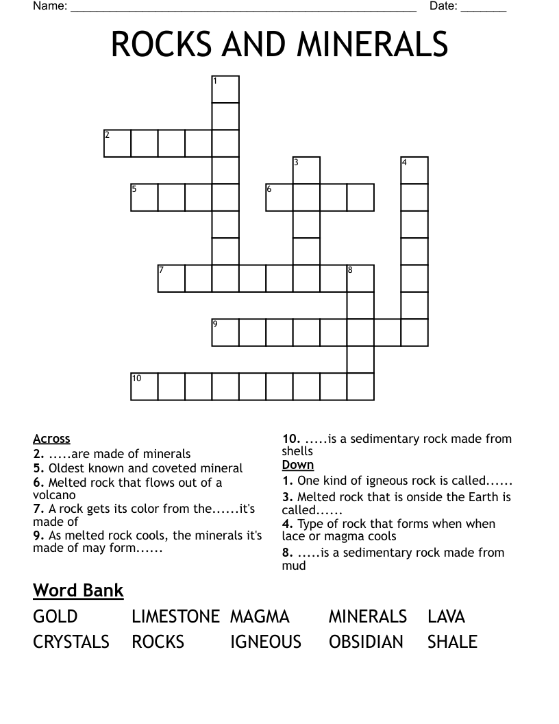 ROCKS AND MINERALS Crossword