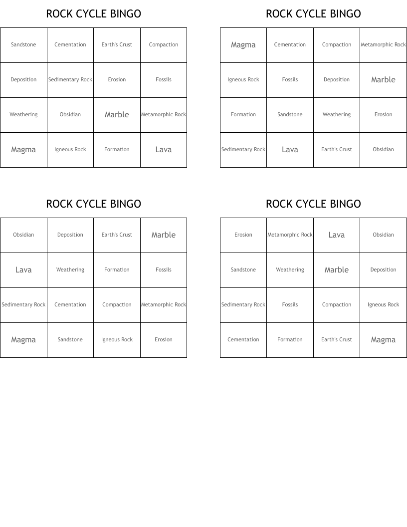ROCK CYCLE BINGO