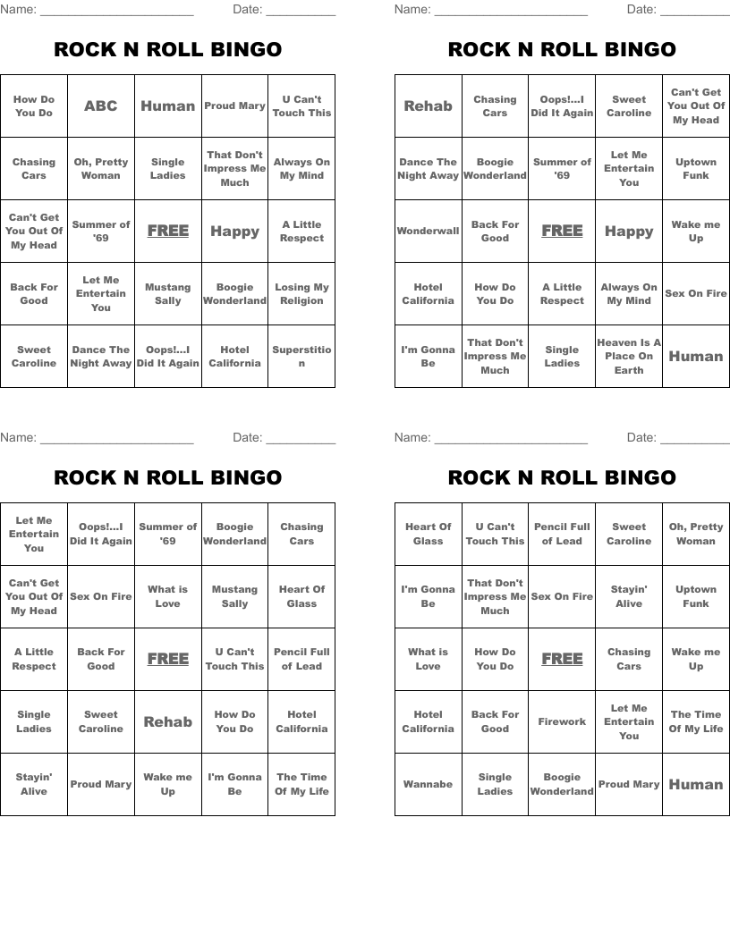 ROCK N ROLL BINGO