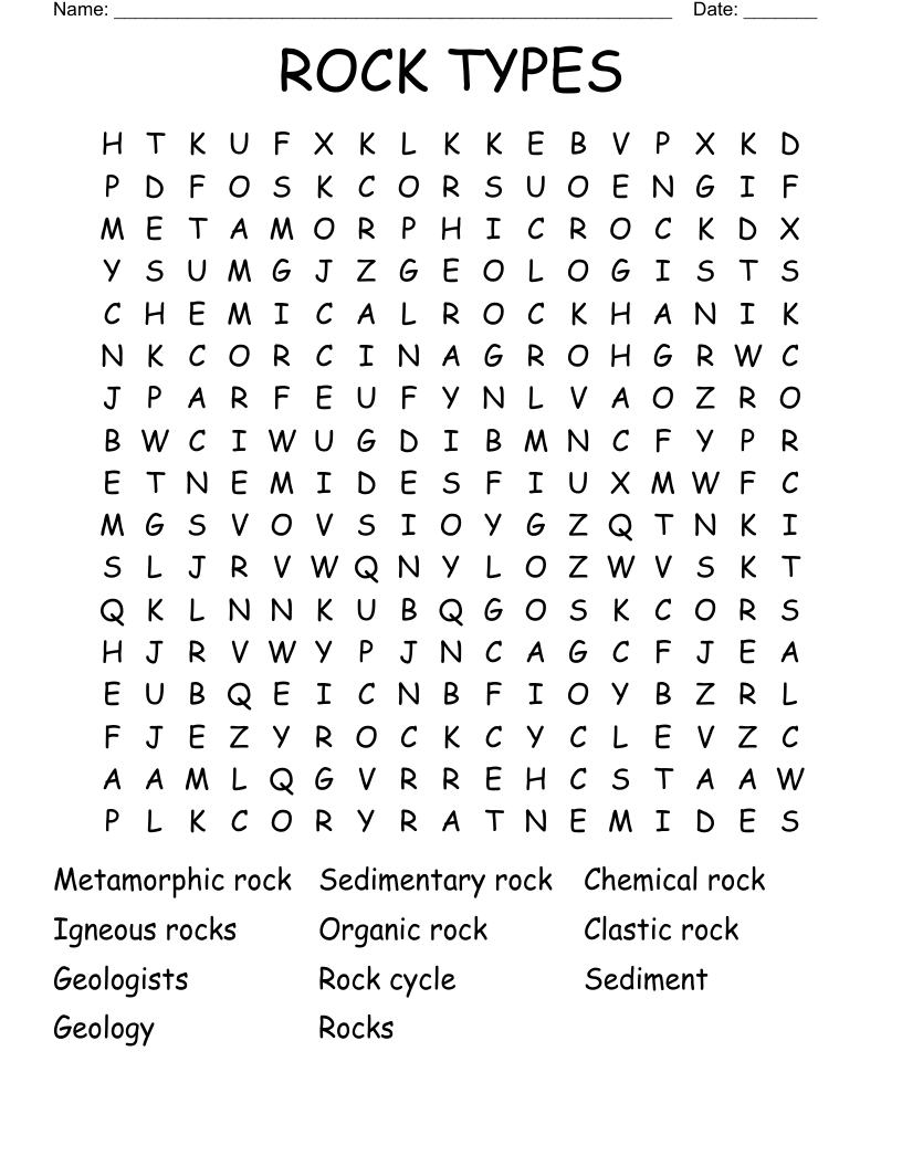 ROCK TYPES Word Search