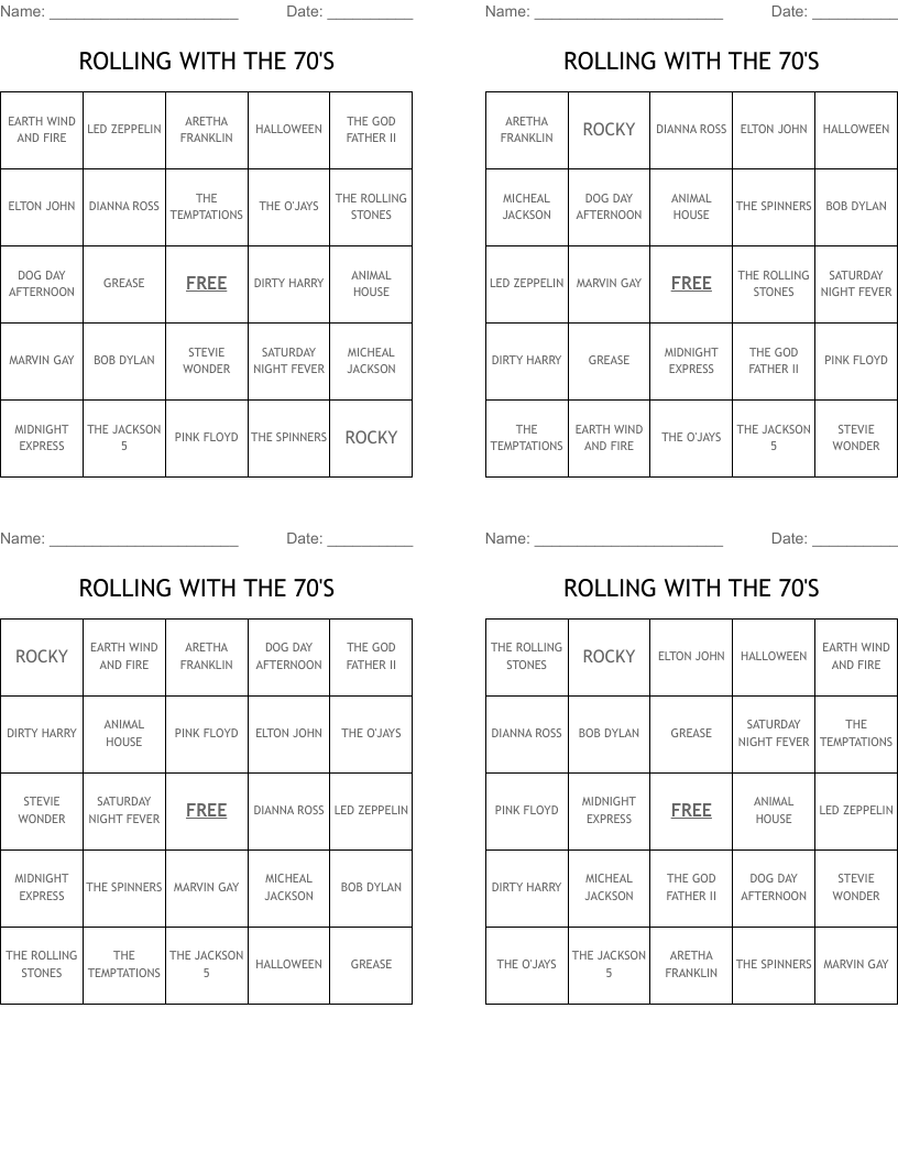 ROLLING WITH THE 70'S  Bingo Cards