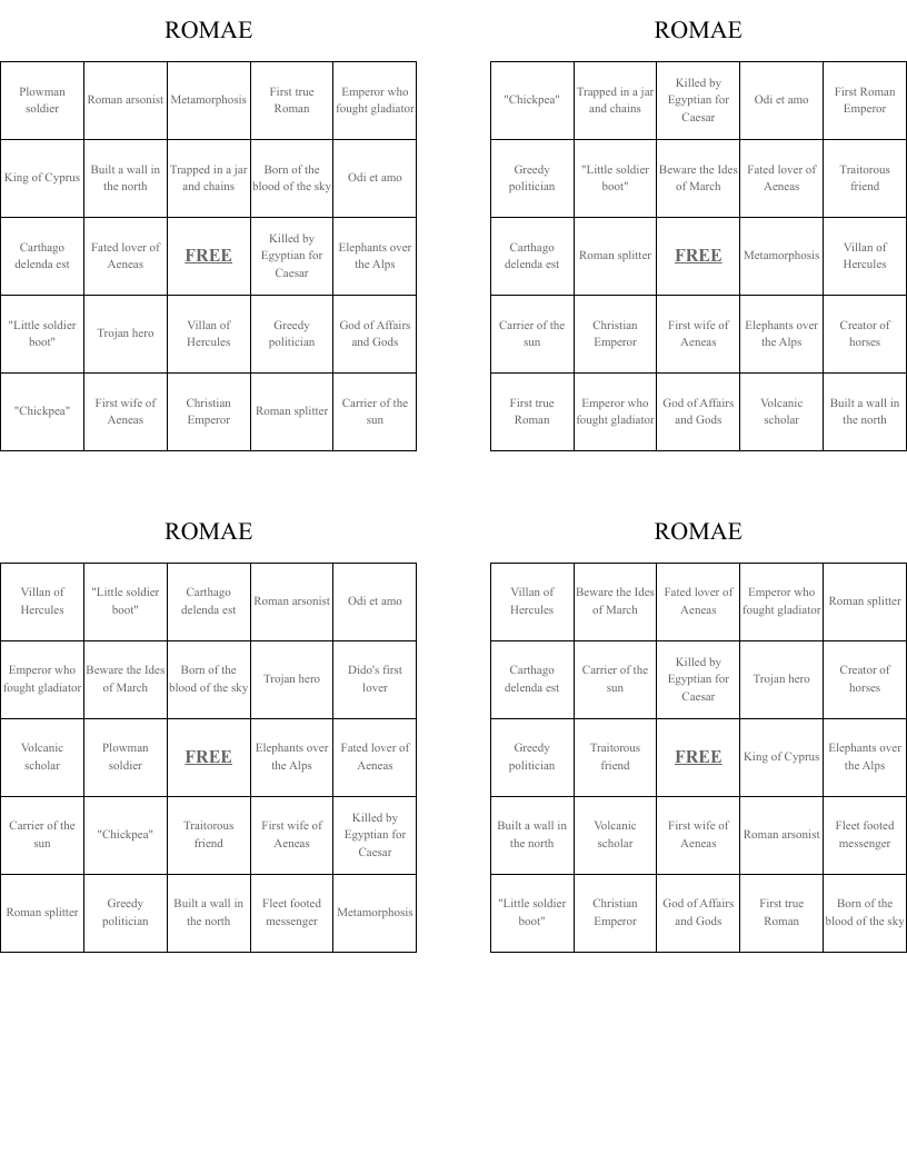 ROMAE Bingo Cards