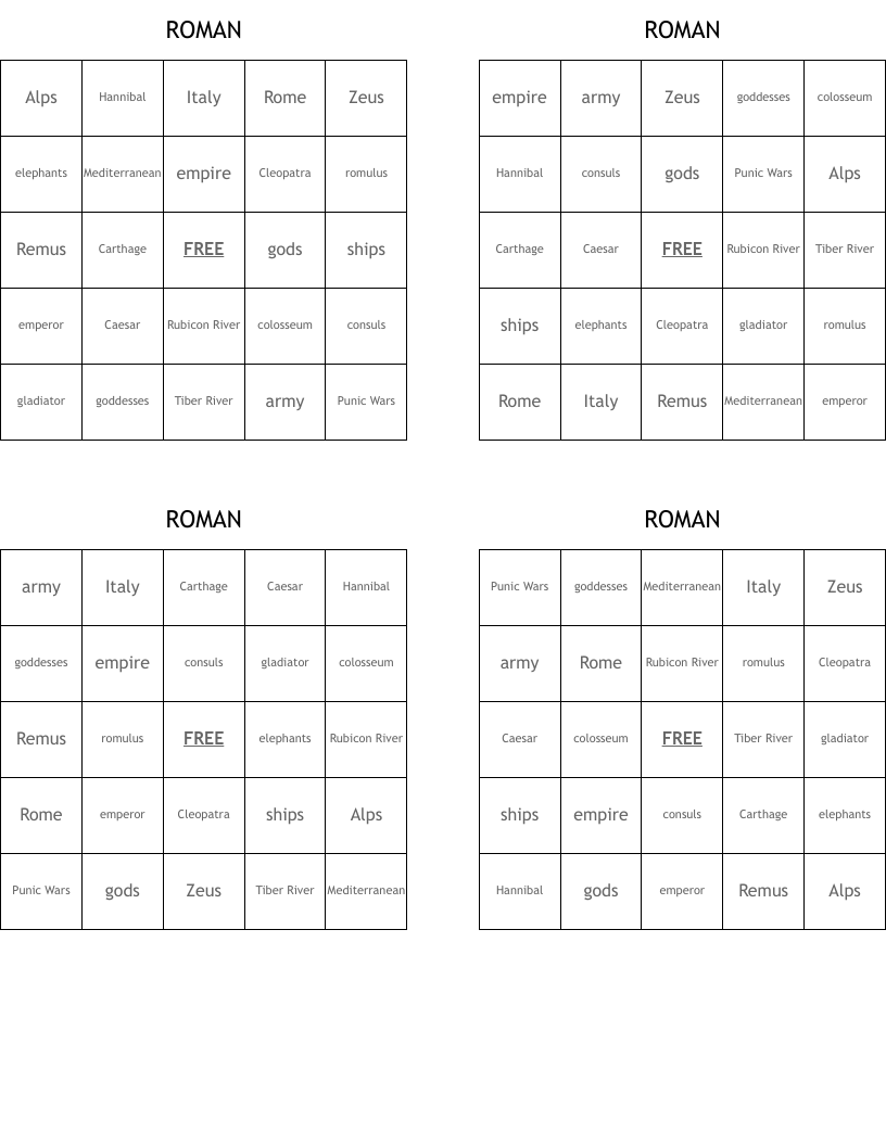ROMAN Bingo Cards