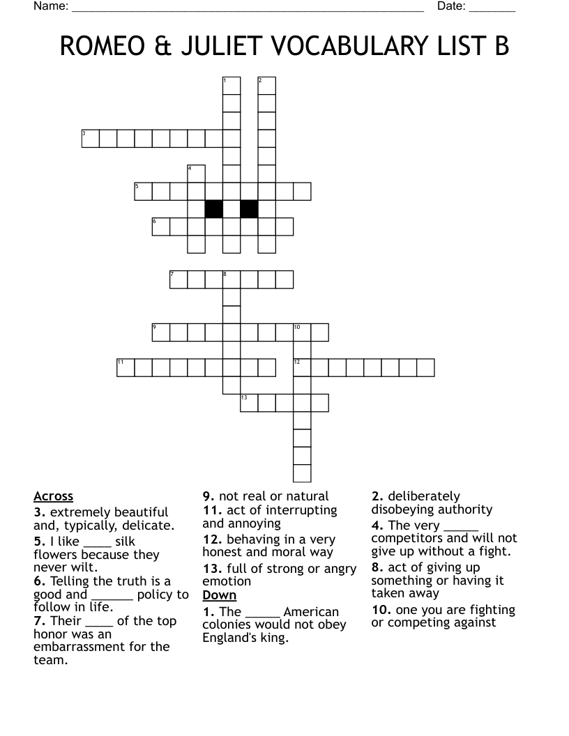 ROMEO & JULIET VOCABULARY LIST B Crossword