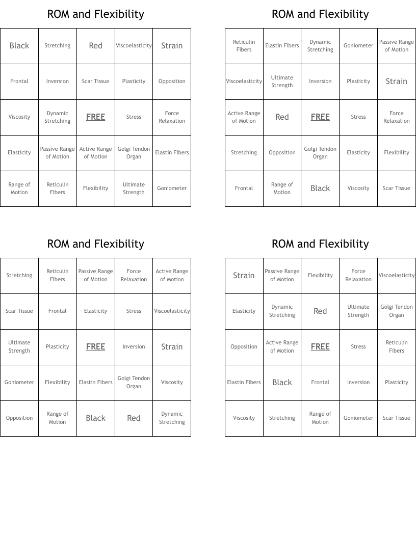 ROM and Flexibility Bingo Cards