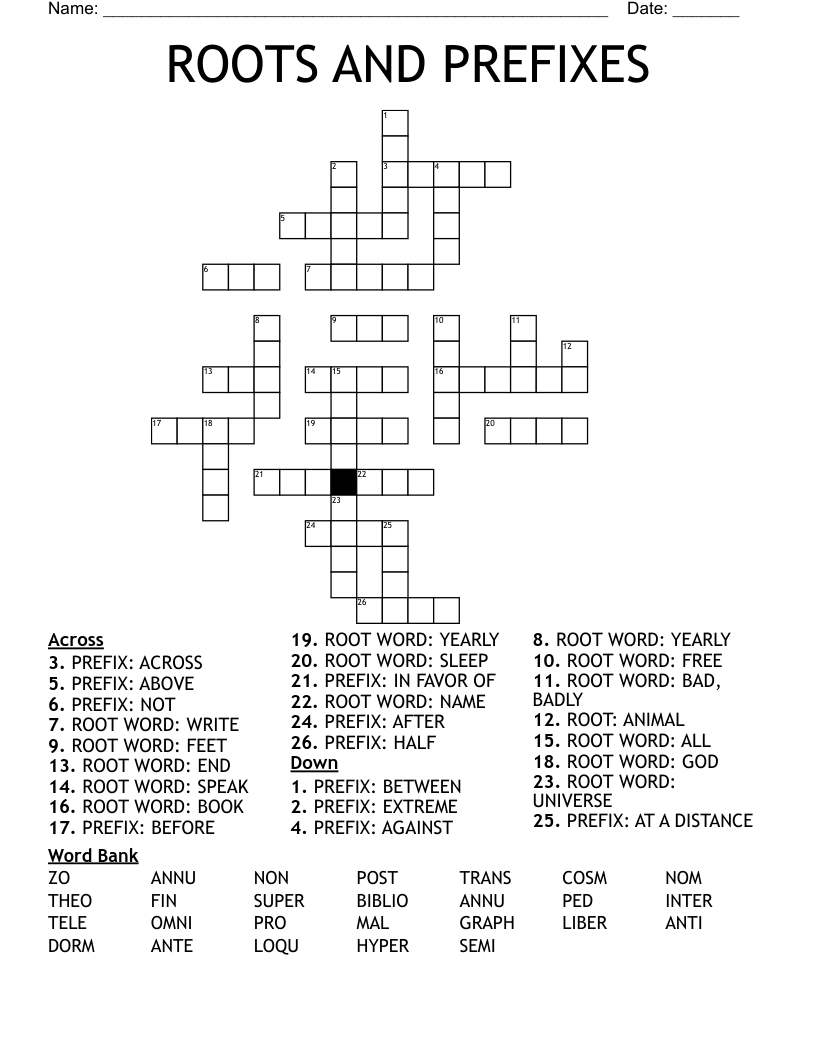 ROOTS AND PREFIXES Crossword