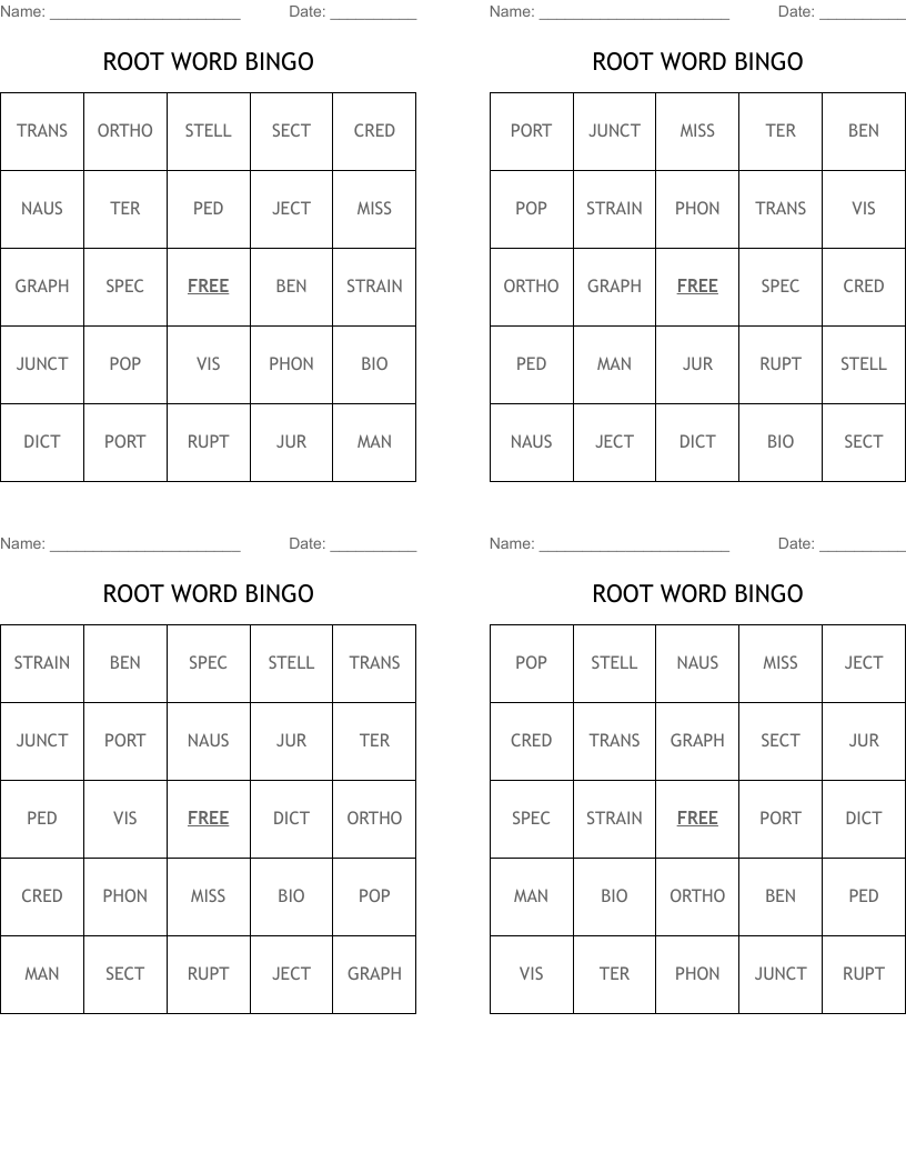 ROOT WORD BINGO