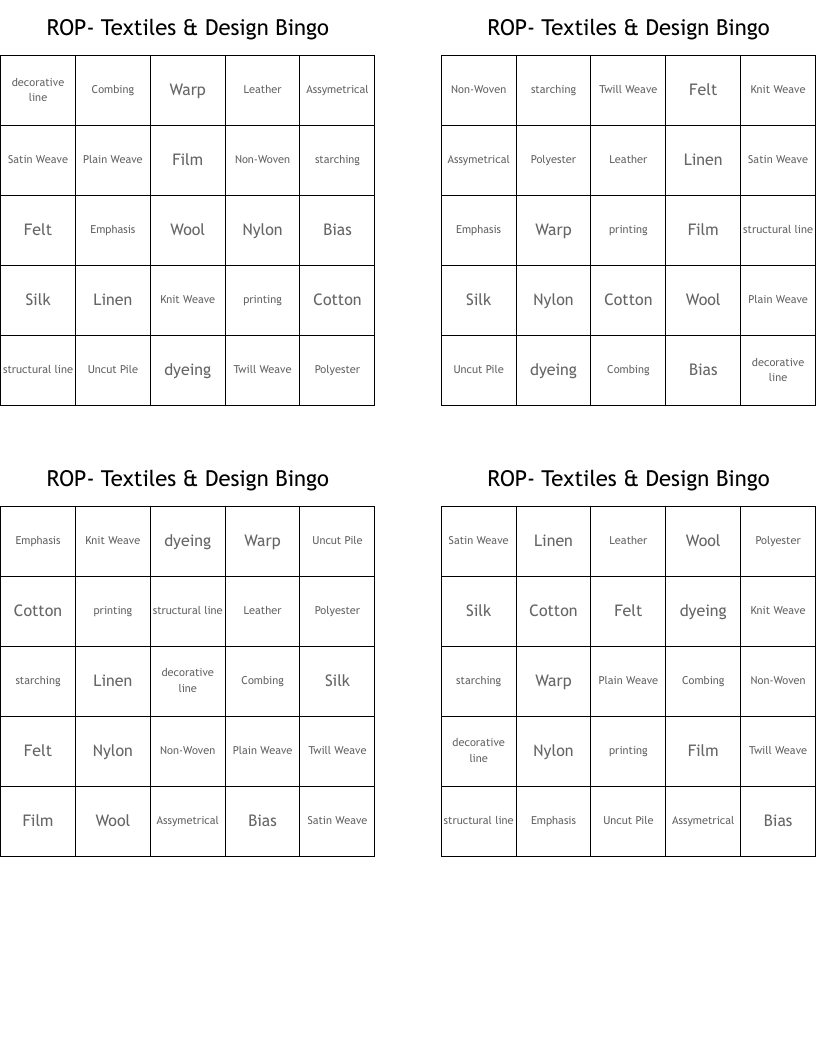 ROP- Textiles & Design Bingo
