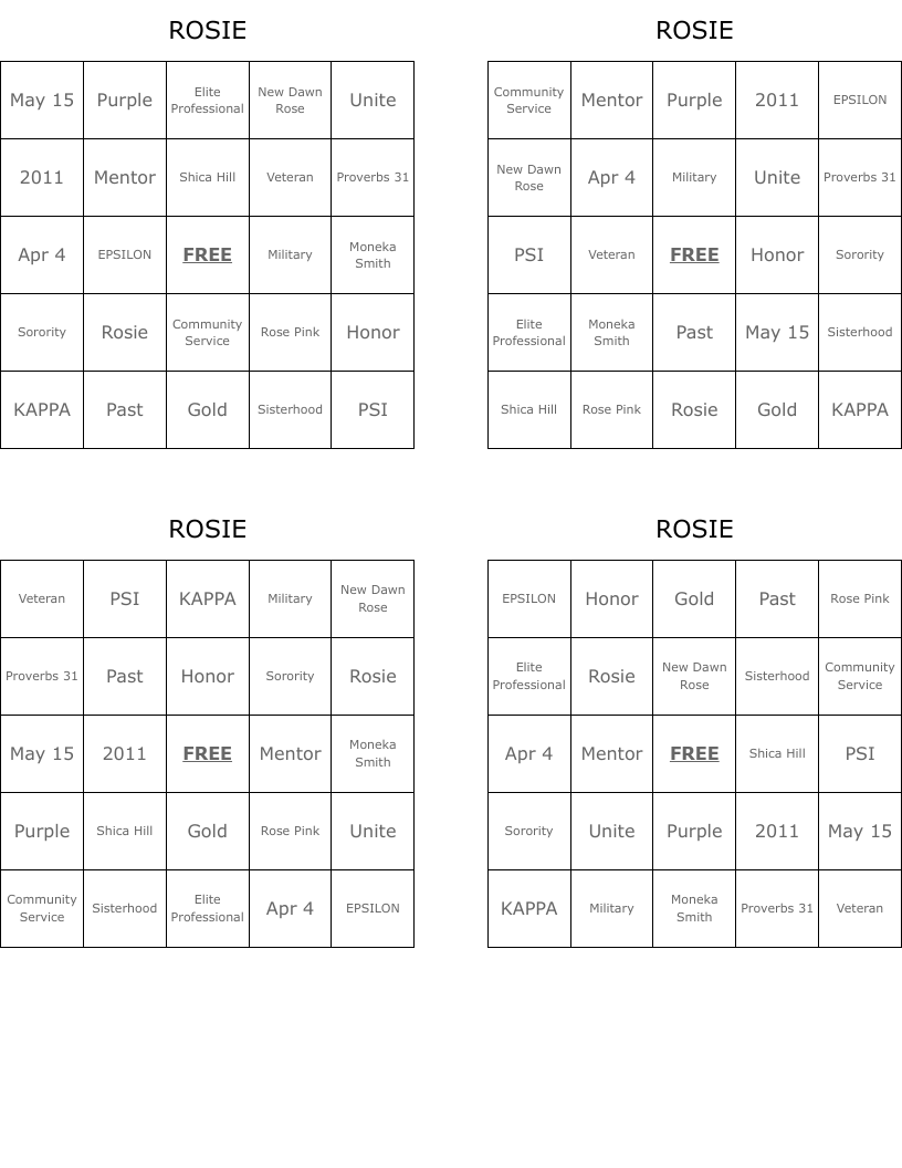 ROSIE Bingo Cards