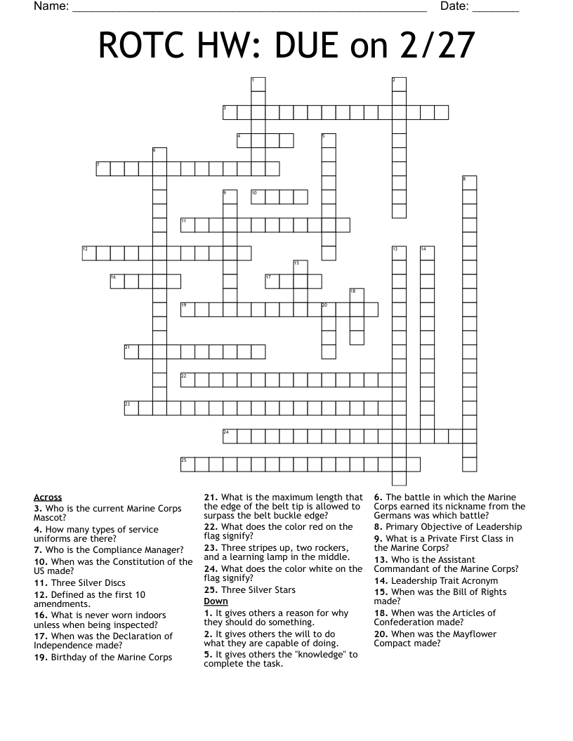 ROTC HW: DUE on 2/27 Crossword