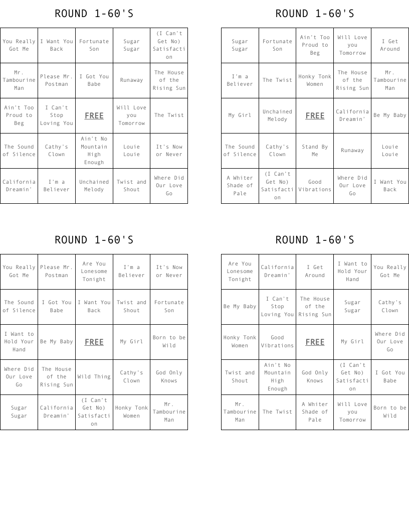 ROUND 1-60'S Bingo Cards