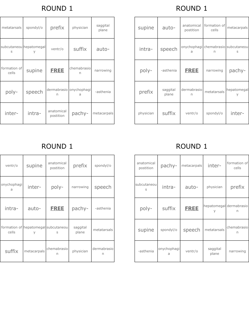 ROUND 1 Bingo Cards