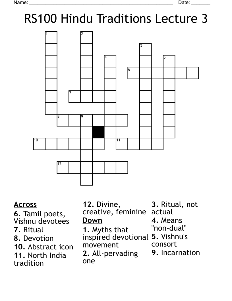 RS100 Hindu Traditions Lecture 3 Crossword