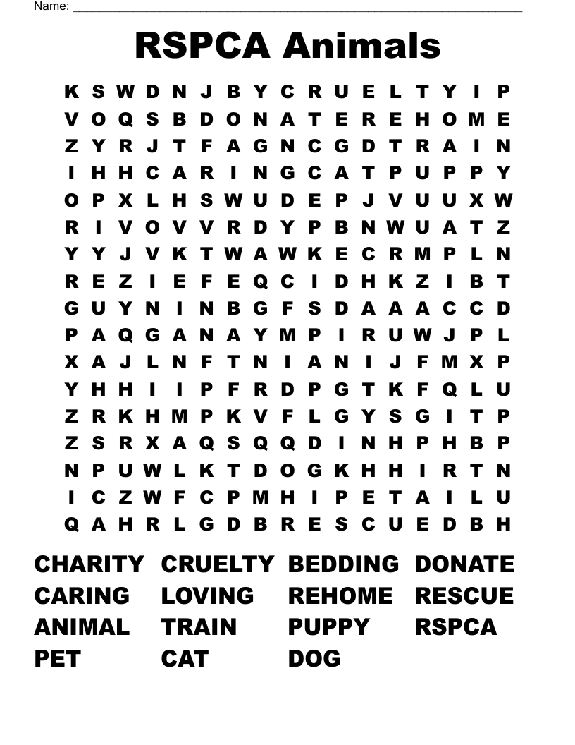 RSPCA  Animals  Word Search