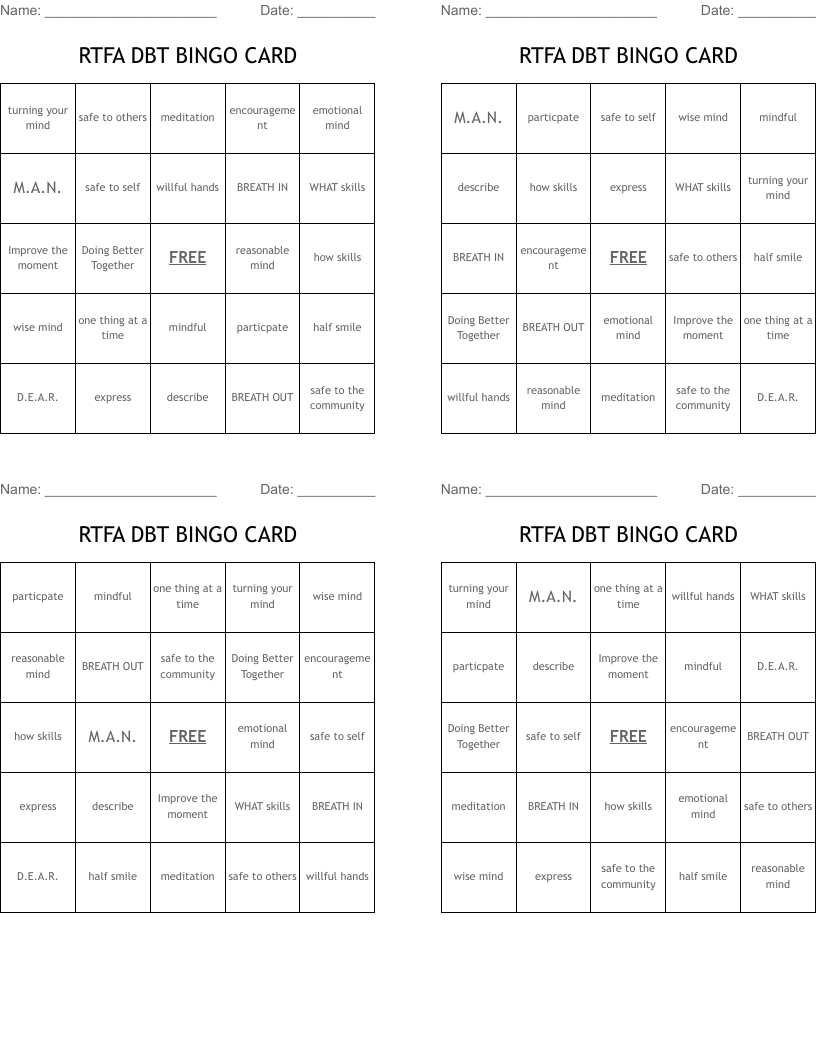 RTFA DBT BINGO CARD