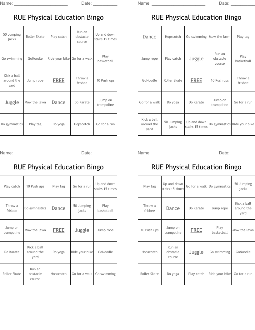 RUE Physical Education Bingo