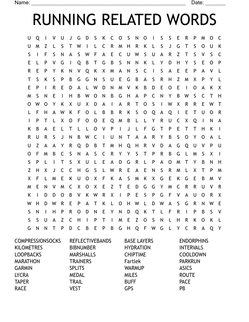 RUNNING RELATED  WORDS Word Search