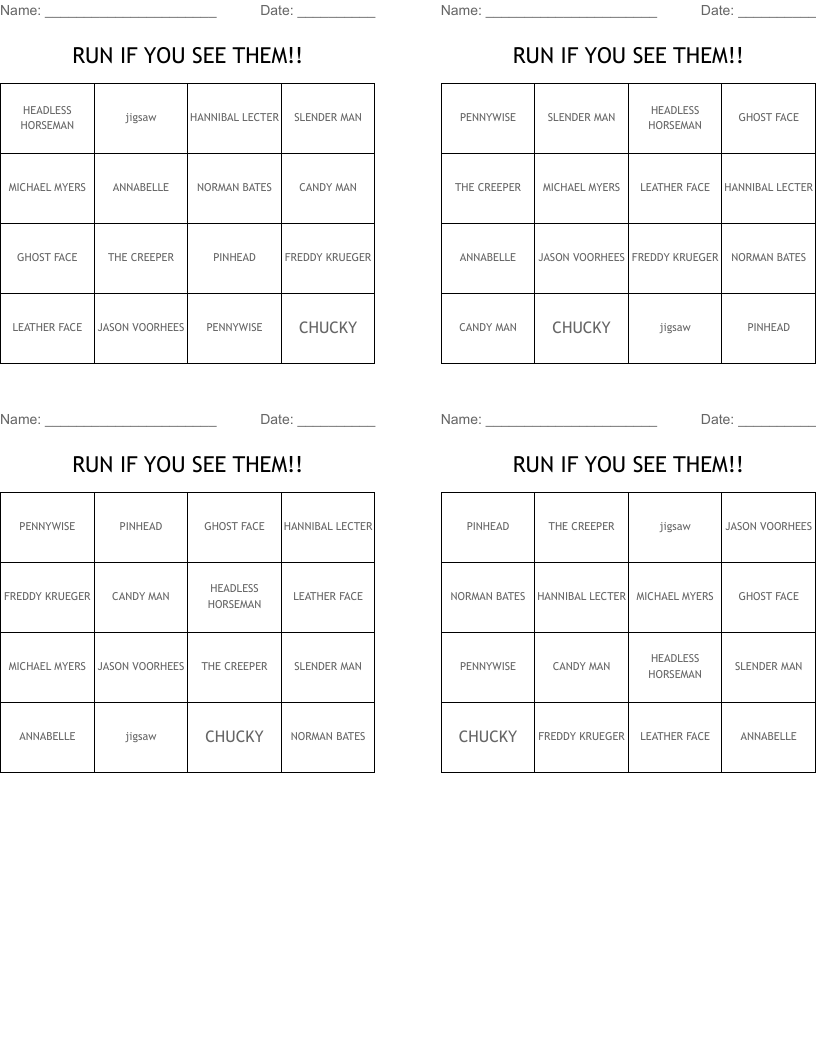 RUN IF YOU SEE THEM!! Bingo Cards