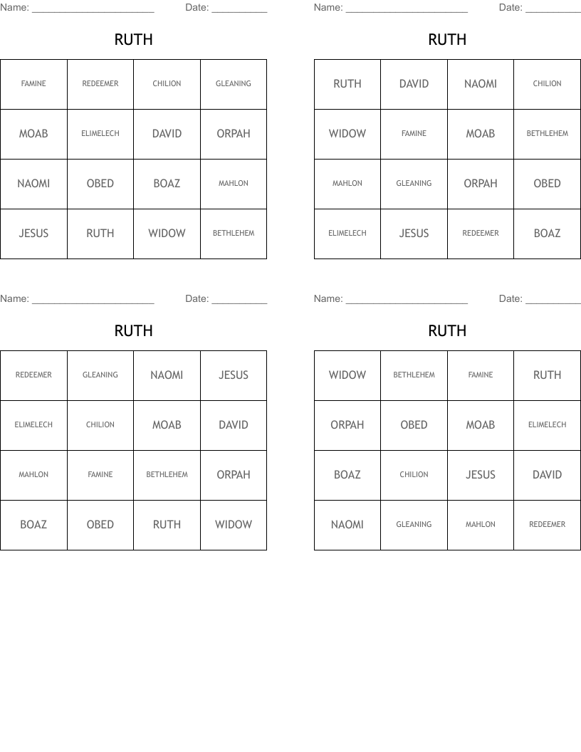 RUTH Bingo Cards