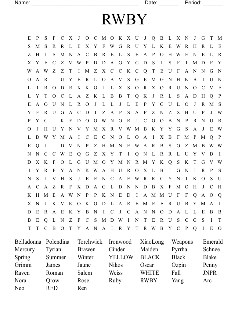 RWBY Word Search