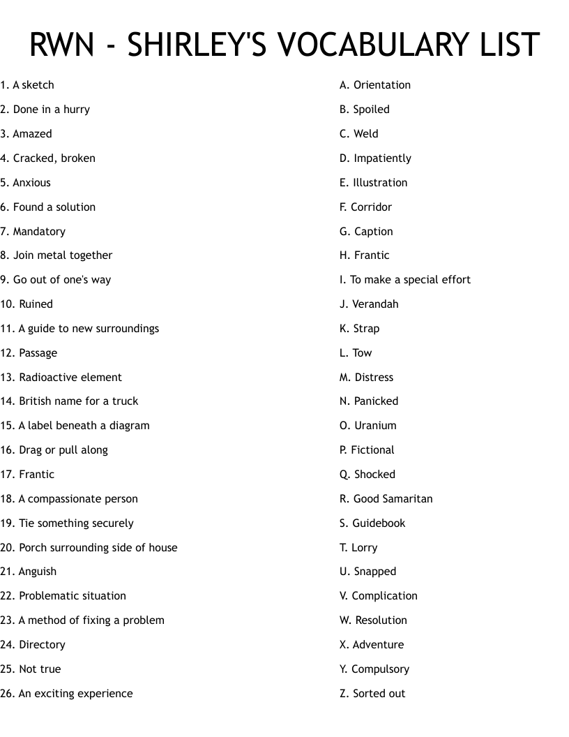 RWN - SHIRLEY'S VOCABULARY LIST Worksheet