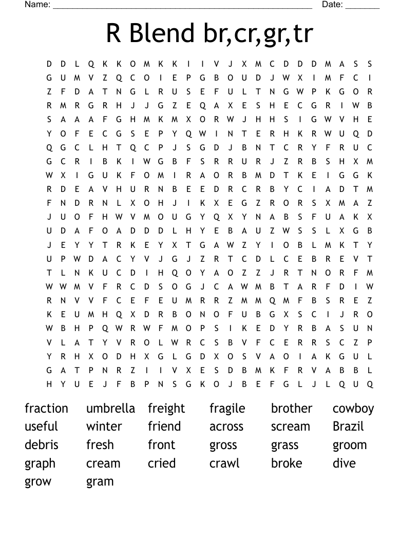 R Blend       br,cr,gr,tr Word Search