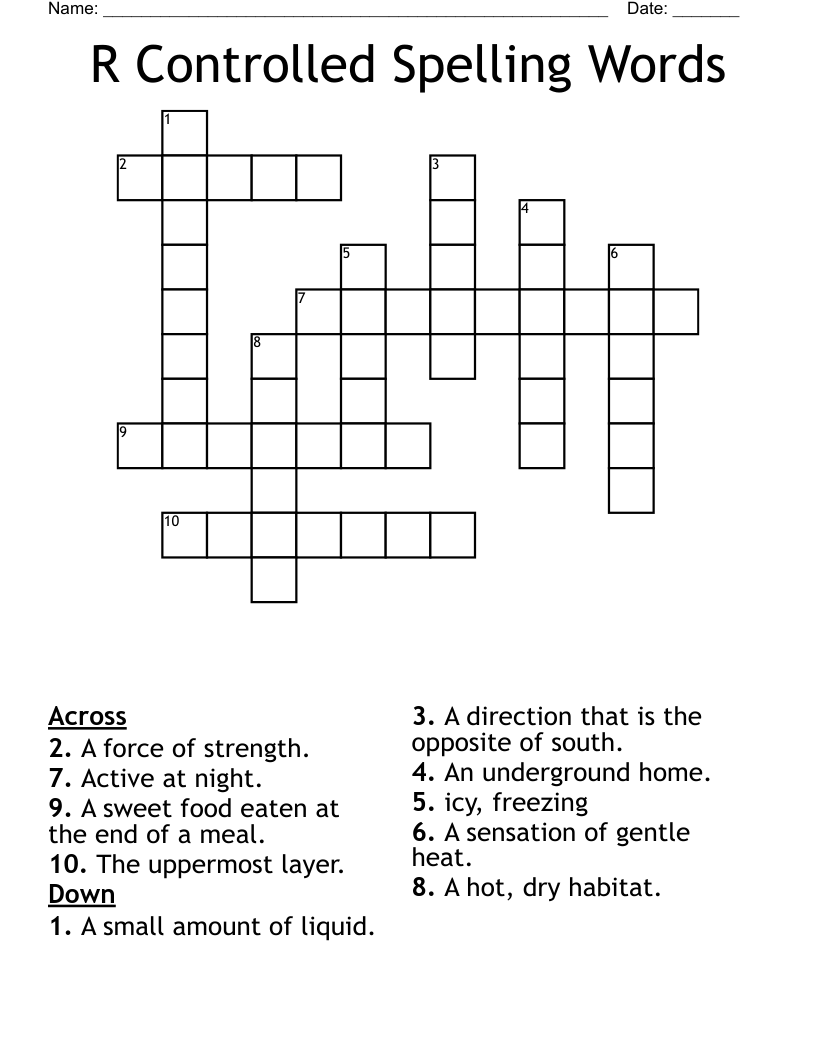 R Controlled Spelling Words Crossword