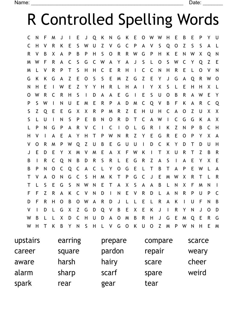 R Controlled Spelling Words Word Search