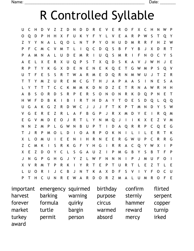 R Controlled Syllable Word Search