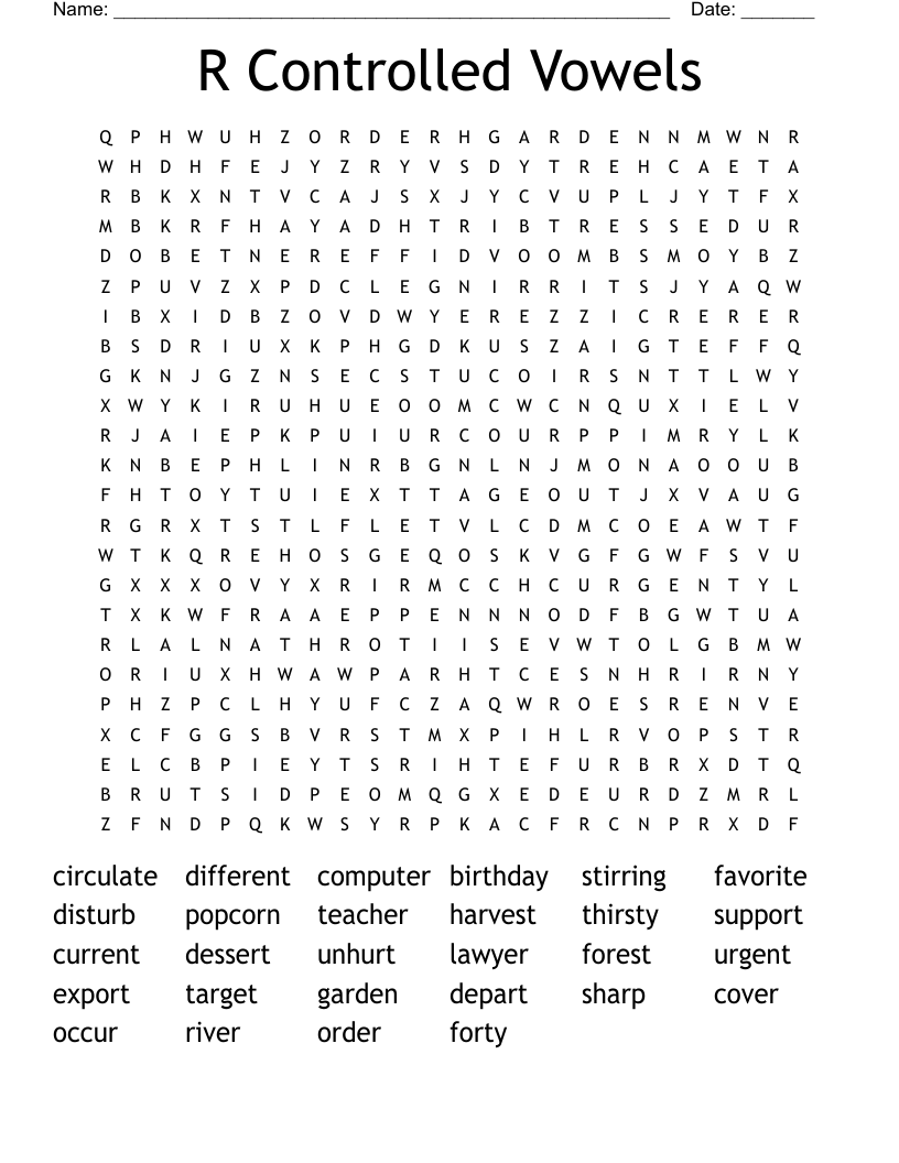 R Controlled Vowels Word Search