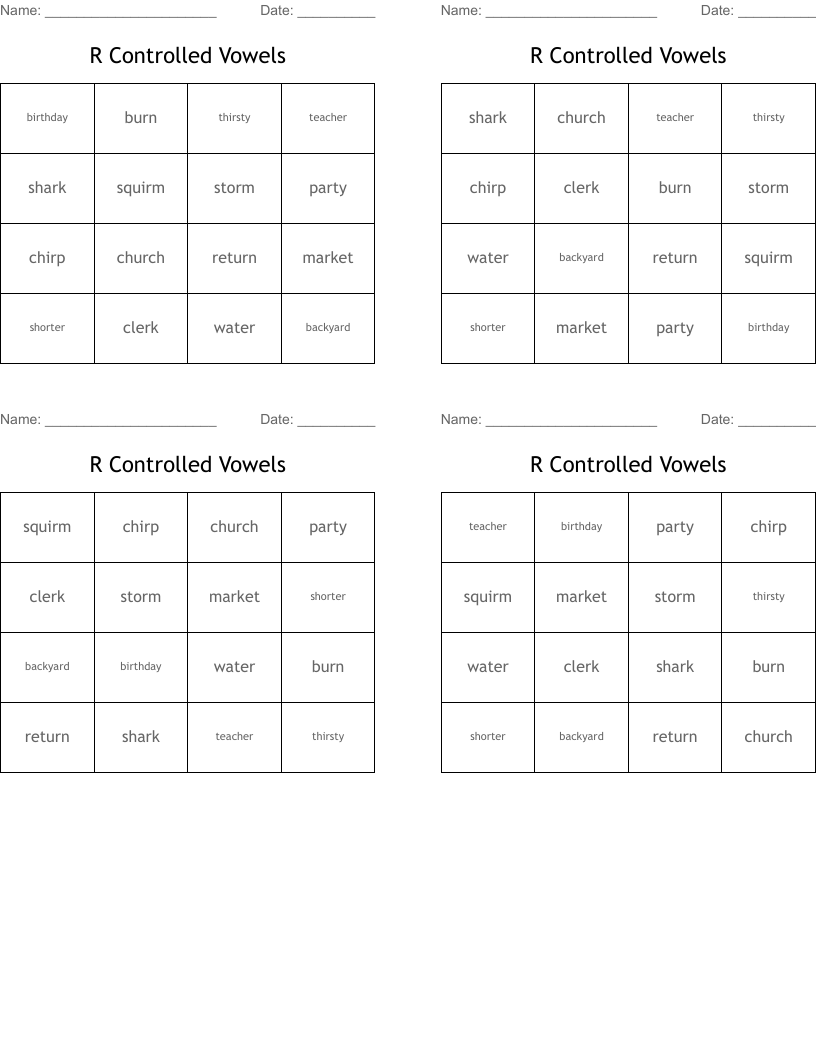 R Controlled Vowels Bingo Cards