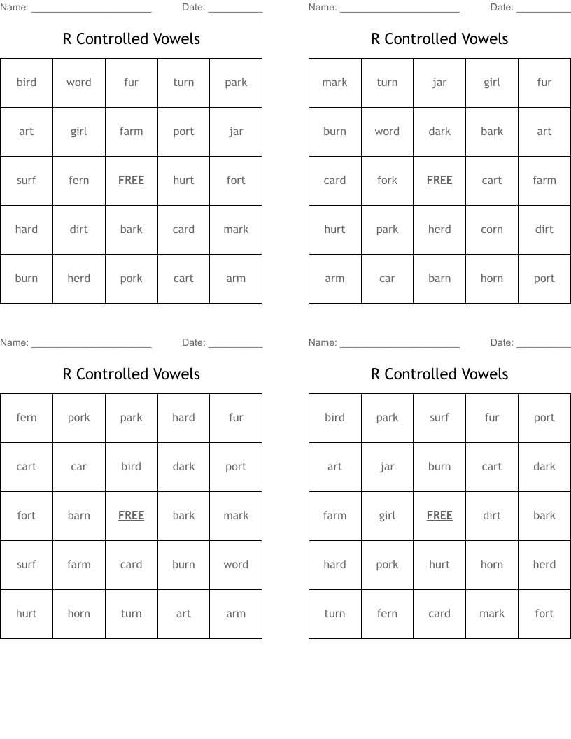 R Controlled Vowels Bingo Cards