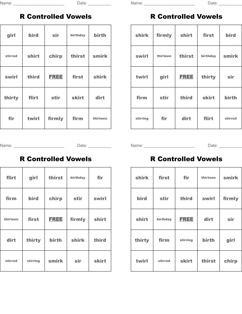 R Controlled Vowels Bingo Cards
