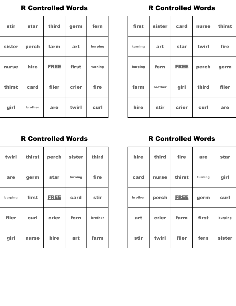 R Controlled Words Bingo Cards
