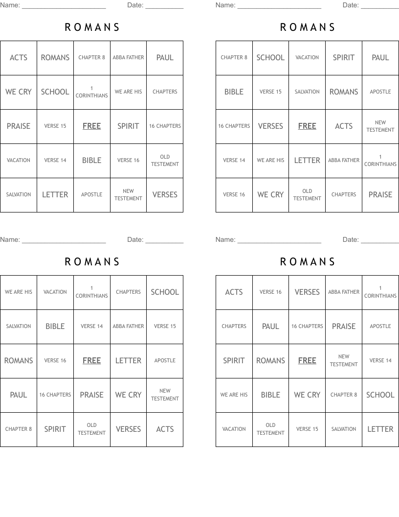 R O M A N S Bingo Cards