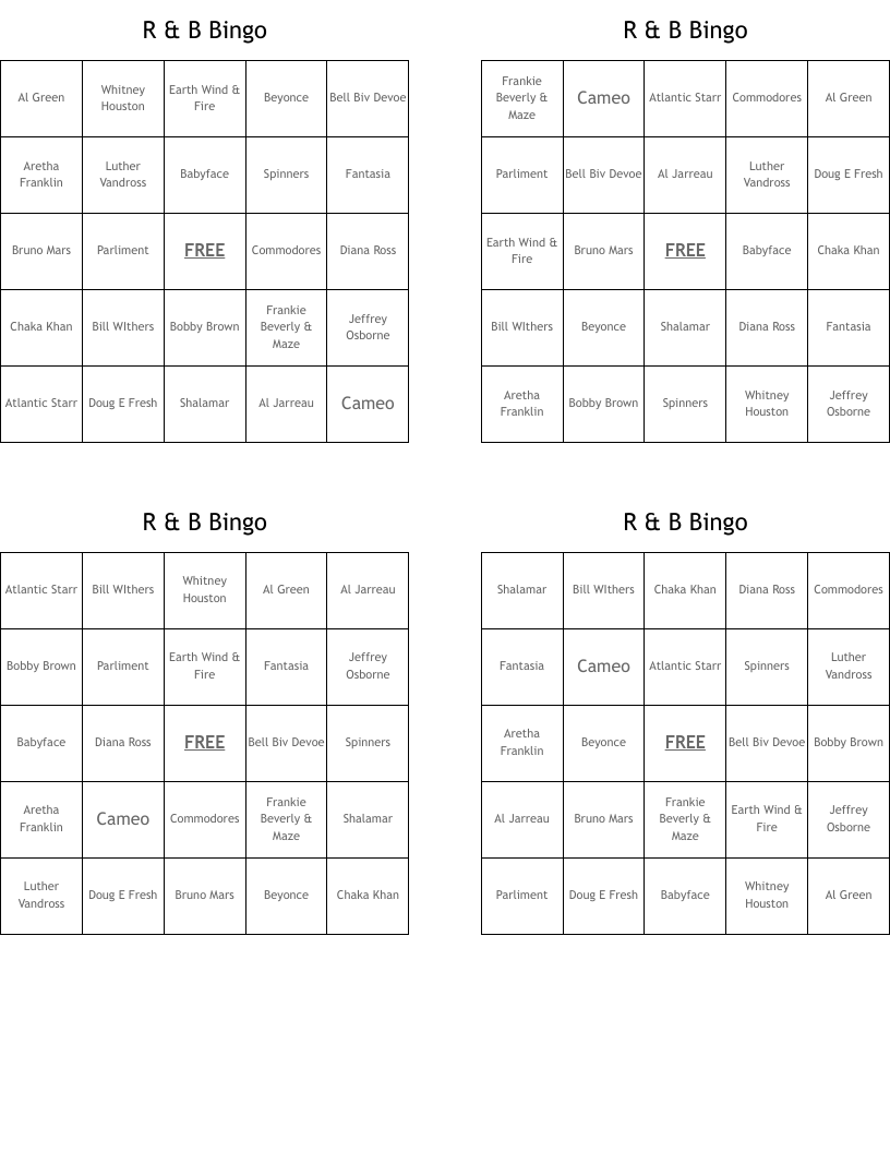 R & B  Bingo