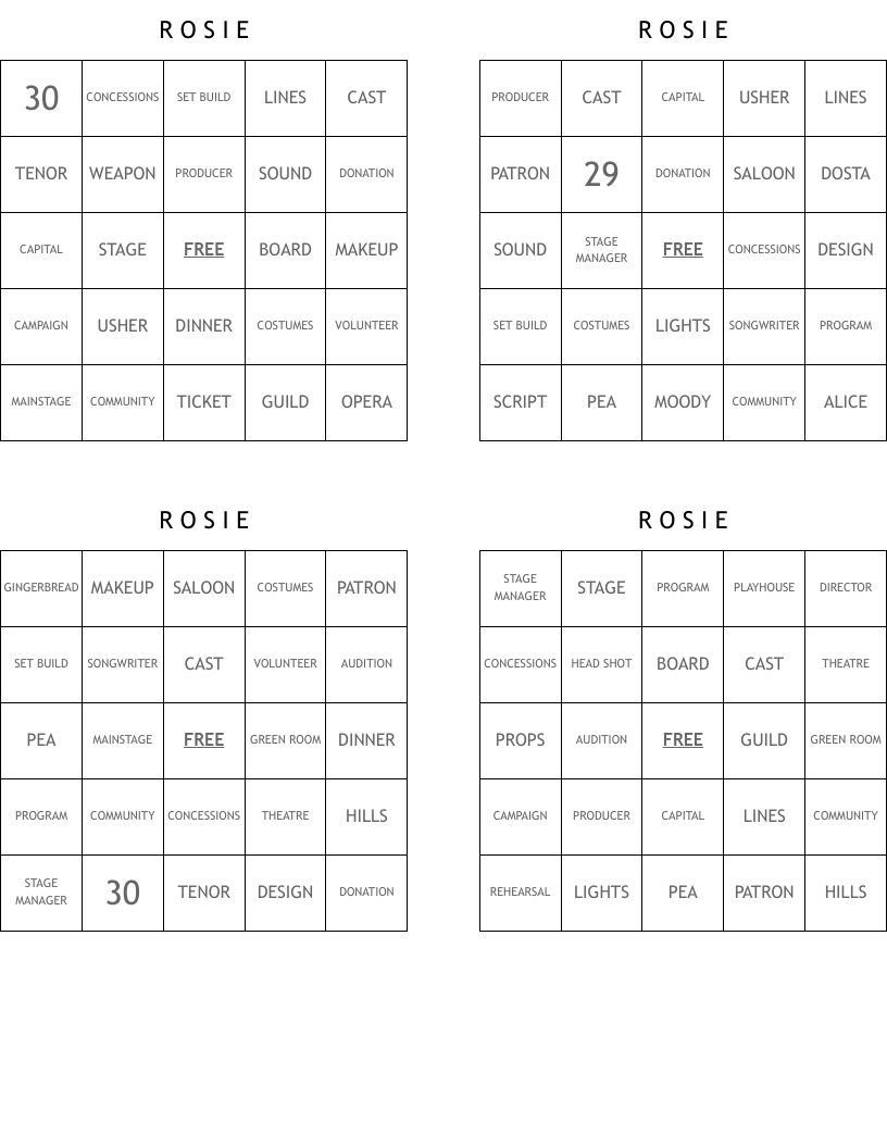 R                   O                   S                   I                      E Bingo Cards