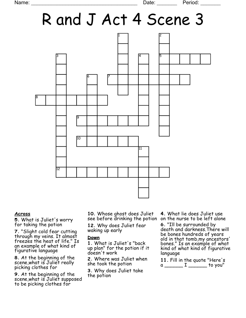 R and J Act 4 Scene 3 Crossword