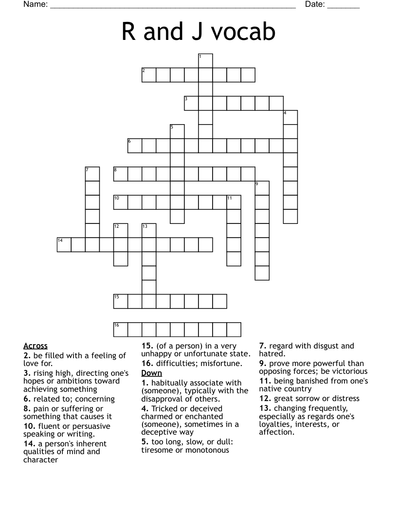 R and J vocab Crossword