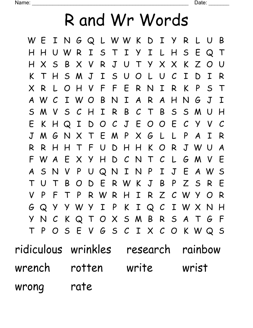 R and Wr Words Word Search