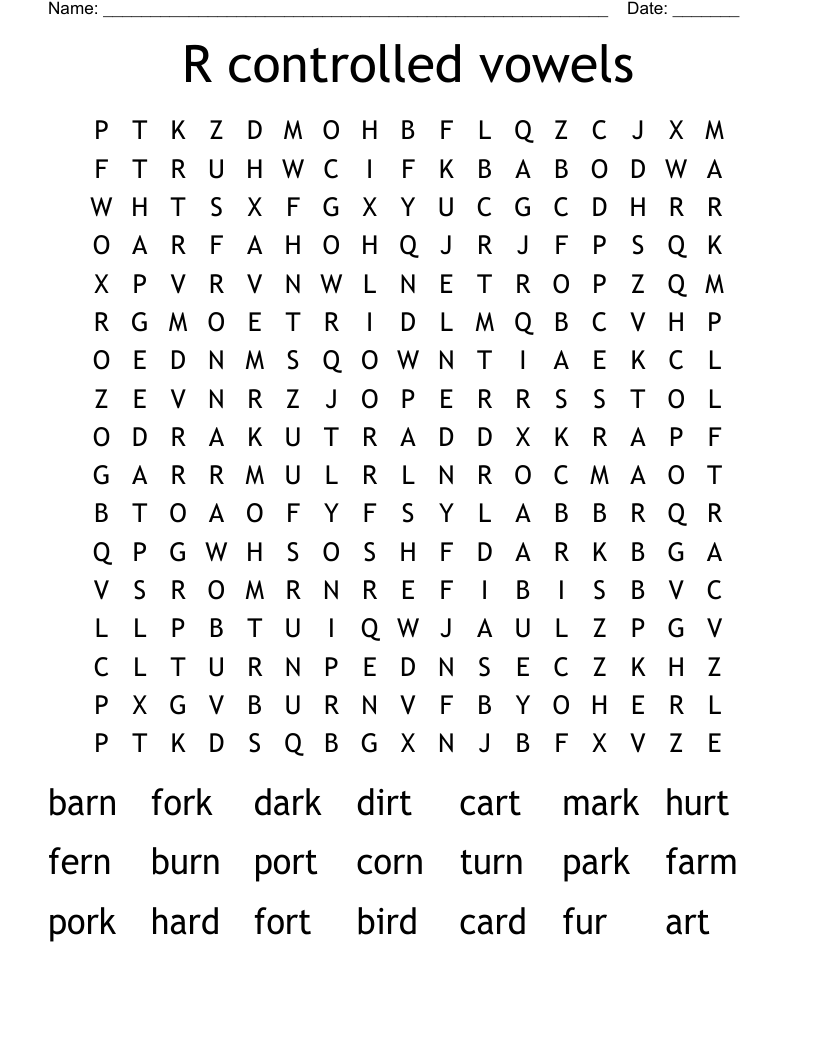 R controlled vowels Word Search