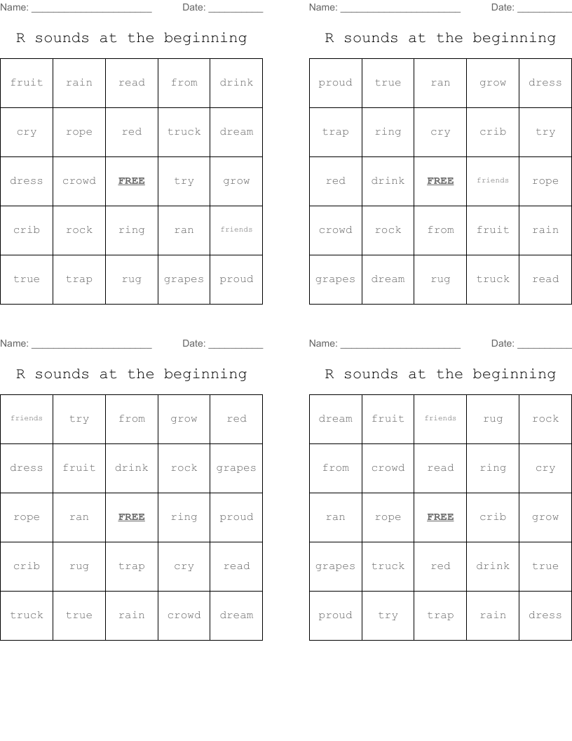 R sounds at the beginning Bingo Cards