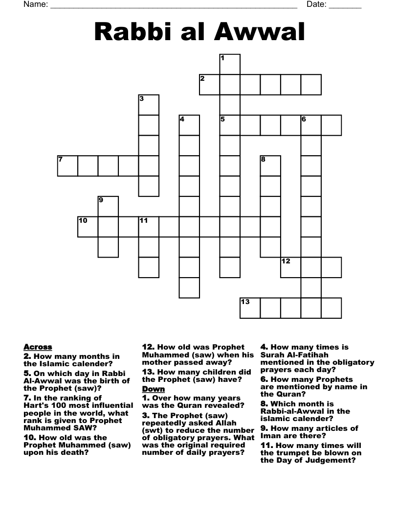 Rabbi al Awwal Crossword