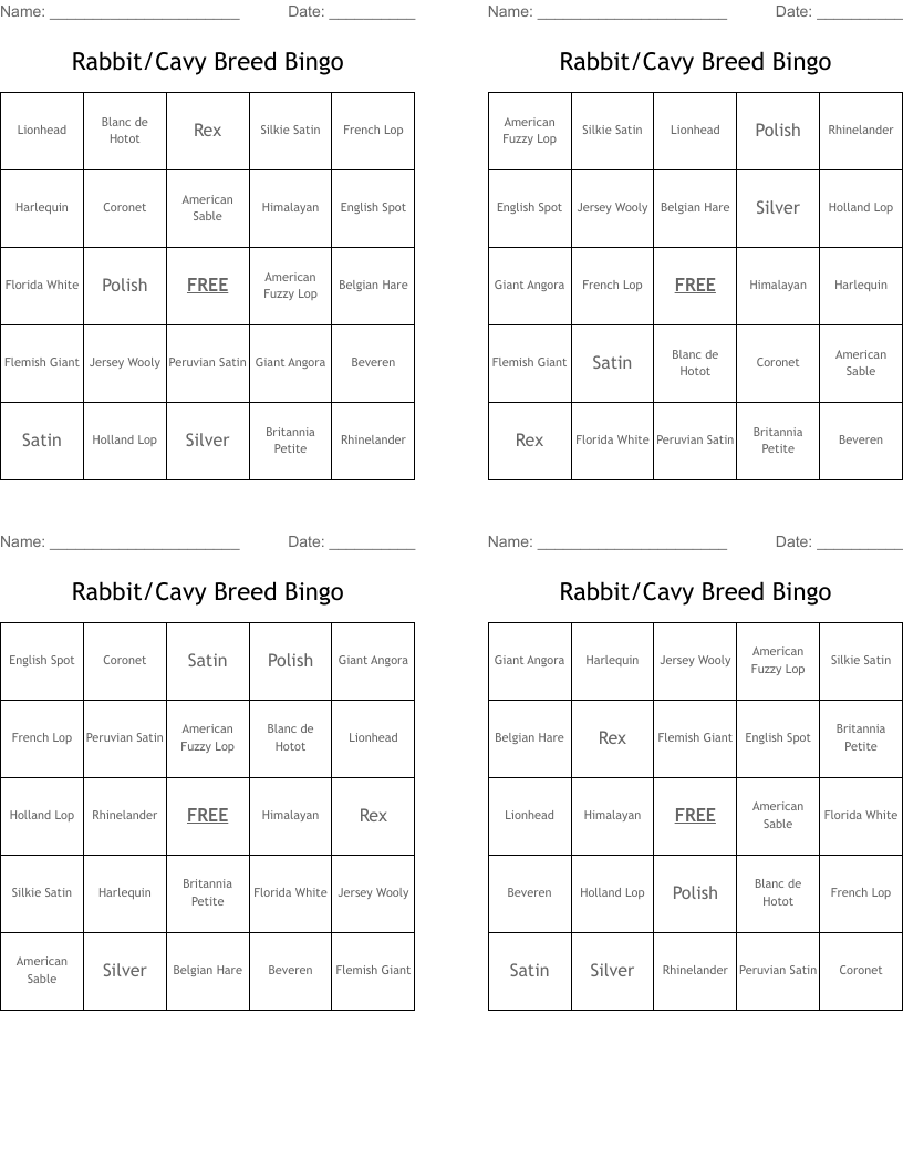 Rabbit/Cavy Breed Bingo