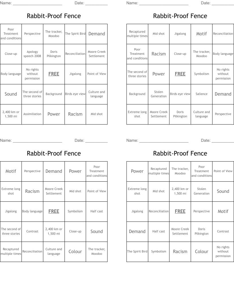Rabbit-Proof Fence  Bingo Cards